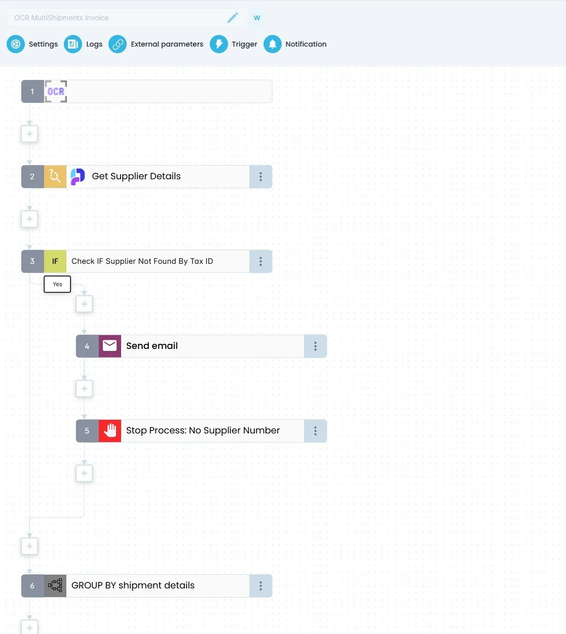 LINKX CORE flow builder: OCR reads the invoice, LINKX looks up the supplier in Priority, sends an email and stops the run if the supplier is not found, then groups the shipment details.